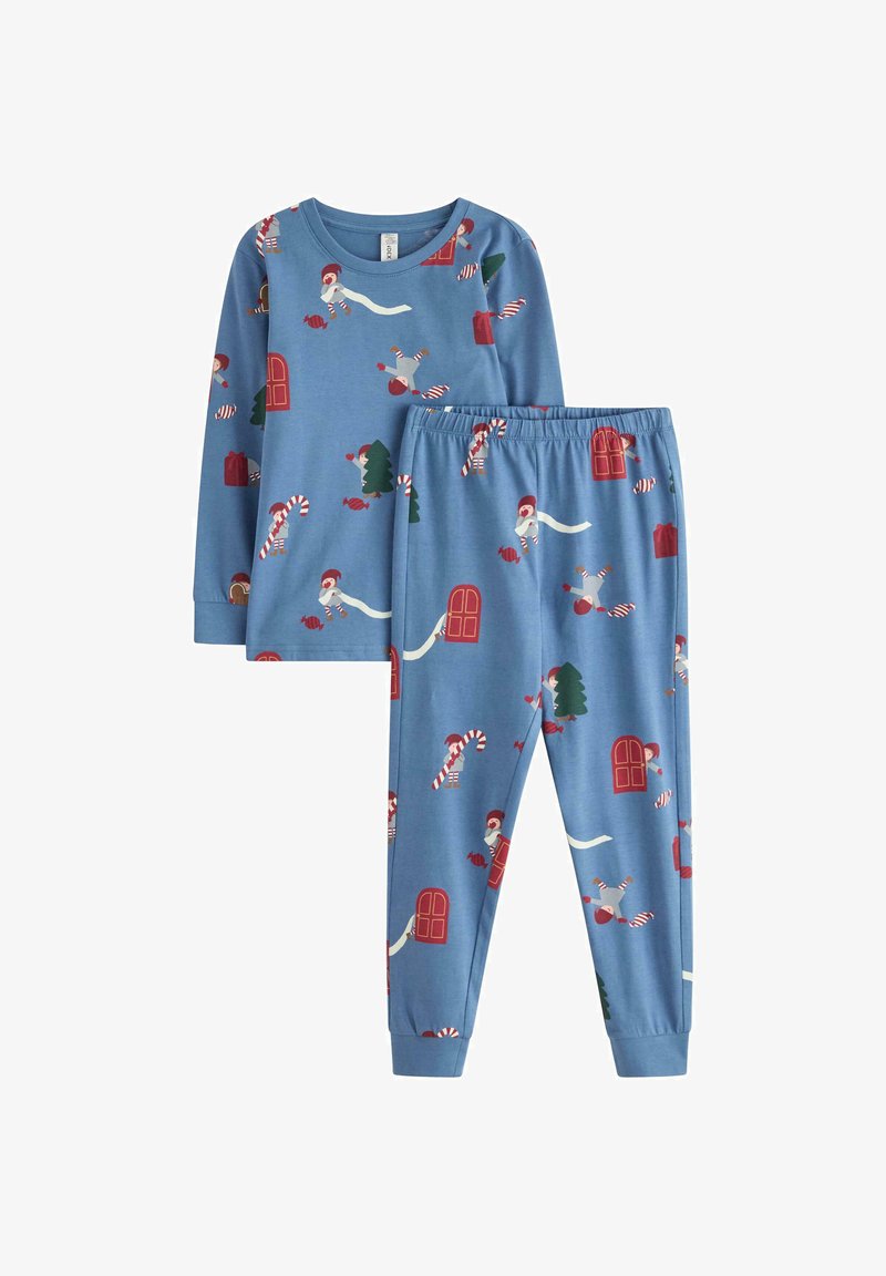 Blaues Baumwollpyjama-Set mit langen Ärmeln und Hosen, das mit roten und grünen Feiertagsthemen-Mustern verziert ist, darunter Elfen, Zuckerstangen und Geschenke.