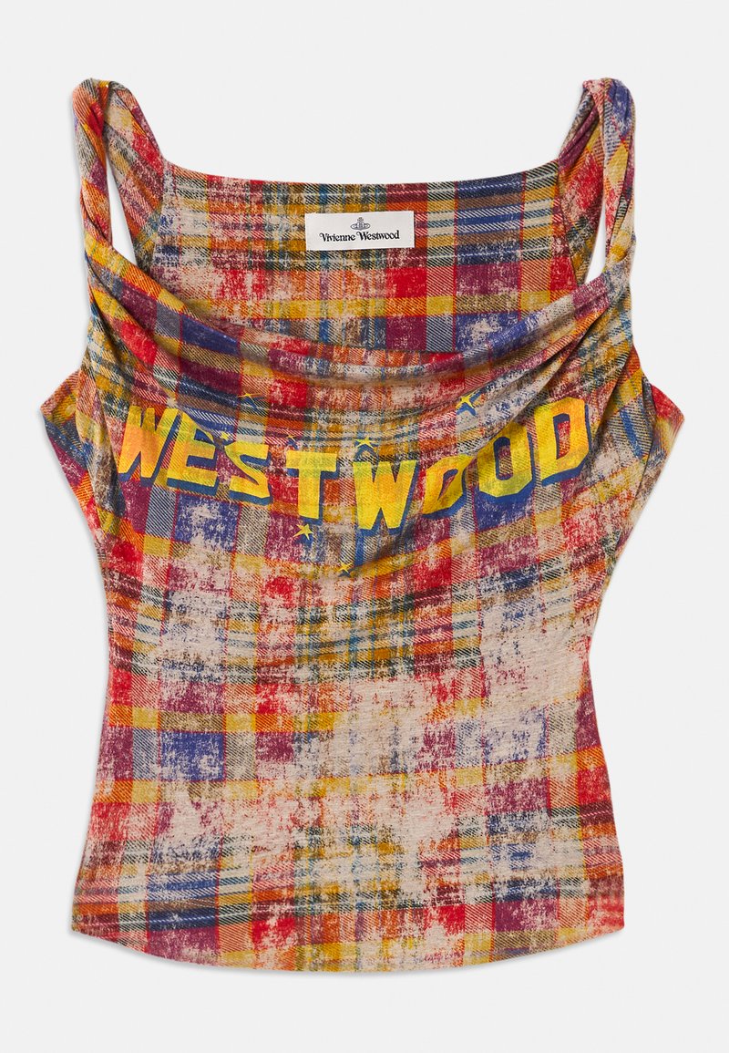 Cropped, plaid tank top in vibrant red, yellow, and blue. Features a draped neckline and "WESTWOOD" text in bold yellow. Soft, textured fabric.