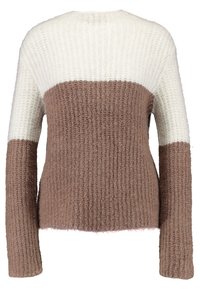 Gebreide trui met een drie-kleurenontwerp: wit, beige en bruin. Gestructureerde stof met een geribbeld patroon en lange mouwen.