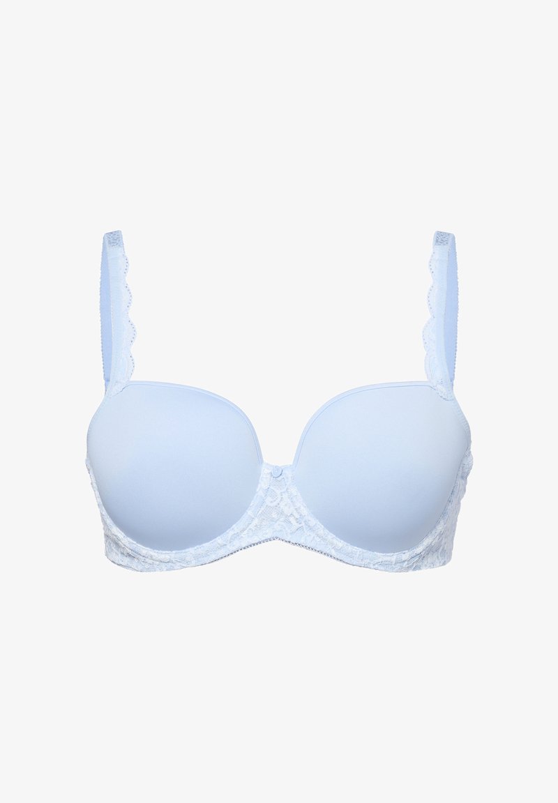 Světle modrá vyztužená podprsenka s krajkovým zdobením podél pásu a nastavitelnými ramínky s vlnitým okrajem. Hladká tkanina s bezešvým designem.