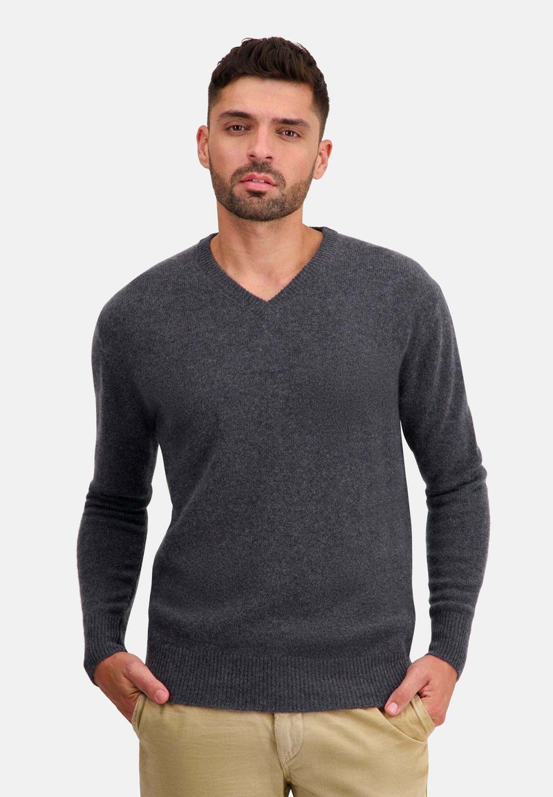 Herren grauer V-Ausschnitt-Pullover mit langen Ärmeln. Aus weicher Wolle gefertigt, mit geripptem Saum und Bündchen. Slim-Fit-Design.