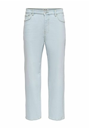 Svetlo modre jeans hlače z ravnimi nogami, sprednjo sponko z gumbom in zadrgo, zankami za pas ter slogom s petimi žepi.