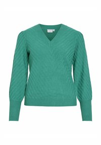 Grüner V-Ausschnitt-Pullover aus strukturiertem Strick mit Zickzackmuster, langärmlig mit gerippten Bündchen und Saum. Markenlabel am Halsausschnitt sichtbar.