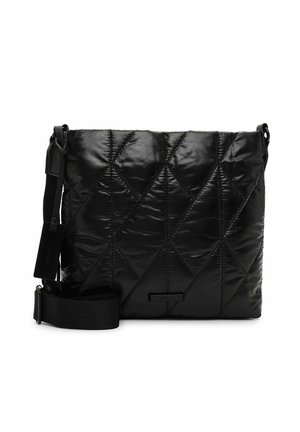 Black quilted crossbody bag with adjustable strap and tag, rectangular shape, smooth shiny fabric with diagonal stitching patterns.