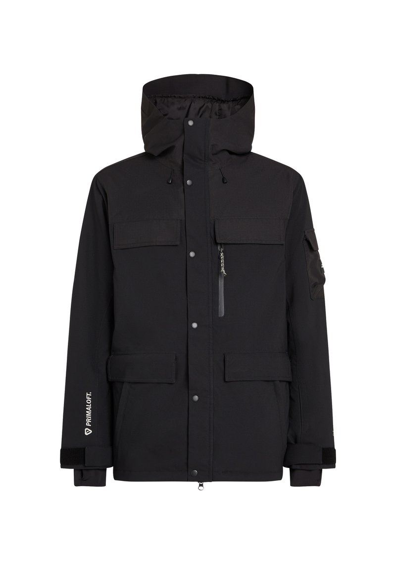 Czarna wodoodporna kurtka z podszewką w kapturze, wieloma przednimi kieszeniami i mankietami na rzep. Zawiera logo na rękawie i detal z zamkiem błyskawicznym.