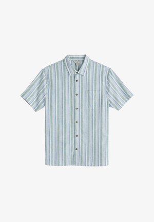 Šī īsā piedurkne ar pogām kreklā ir gaiši zila un zaļa svītraina, izgatavota no teksturētas auduma ar krūšu kabatu un brūnām pogām.