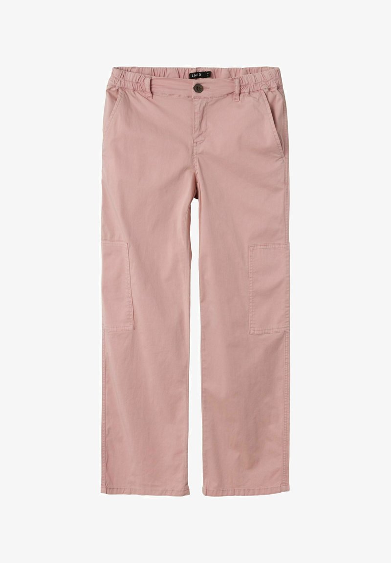 Light pink casual trousers with elastic waistband, front button, side pockets, and patch pockets on both legs, laid flat on white background.
