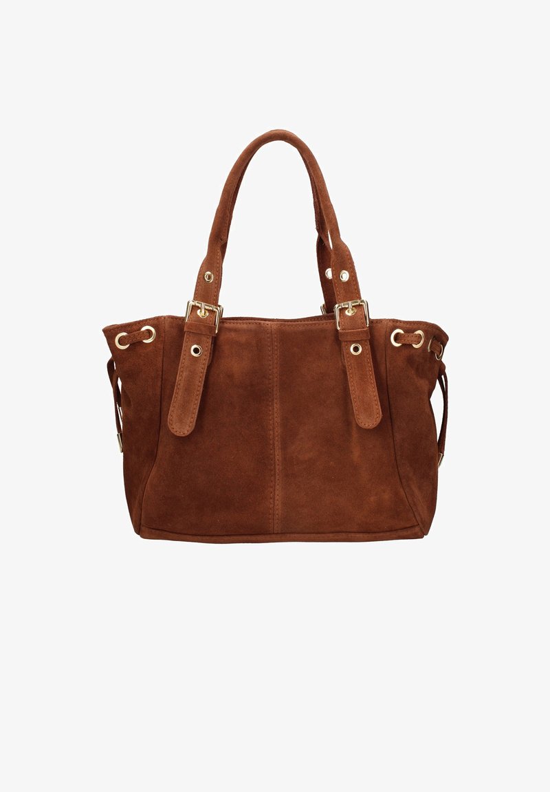 Sac fourre-tout en daim marron avec deux poignées robustes, accents en métal doré et lacets décoratifs sur les côtés. Forme trapézoïdale inversée, texture lisse.