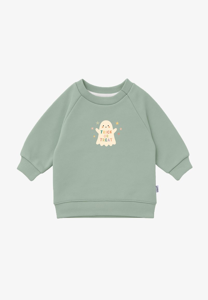 Light green toddler sweatshirt with a smiling ghost and colorful "Trick or Treat" text surrounded by small stars on the front center.