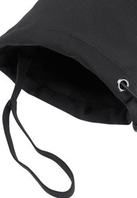 Borsa in tessuto nero con superficie liscia, chiusura a coulisse e occhiello in metallo. L'interno è visibile, mostrando una parte superiore aperta e un rivestimento morbido.