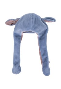 Blauwe pluche hoed met lange, flaporen. Zachte textuur met een gladde afwerking. Binnenvoering in een contrasterende roze kleur. Geen zichtbare hardware.