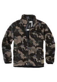 Brown and gray camouflage fleece jacket with a high collar, zippered pockets, and black accents at the hem and cuffs. Soft texture throughout.