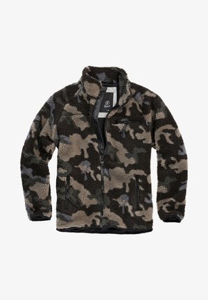 Ruda ir pilka kamufliažinė fliso striukė su aukštu apykakle, užtrauktukais uždaromomis kišenėmis, ir juodais akcentais apačioje ir rankogaliuose. Minkšta tekstūra visame paviršiuje.