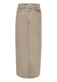 Falda midi de mezclilla beige con diseño recto, bolsillos delanteros, cierre de botones y costuras visibles. Textura suave y patrón deslavado sutil.