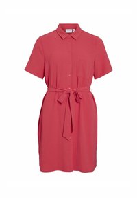 Šaty s krátkym rukávom a golierom z korálovej tkaniny, s gombíkovým zapínaním a prednou vreckom, stiahnuté v páse zodpovedajúcim viazaním.