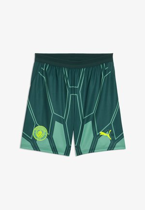 Tummanvihreät urheilushortsit vaaleanvihrein geometrisin kuvioin, Manchester Cityn logo vasemmassa lahkeessa ja keltainen Puma-logo oikeassa lahkeessa.