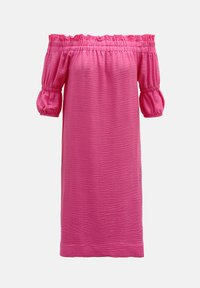 Off-shoulder rosa klänning med en strukturerad tyg, puffärmar och elastisk midja, som faller nedanför knäet.
