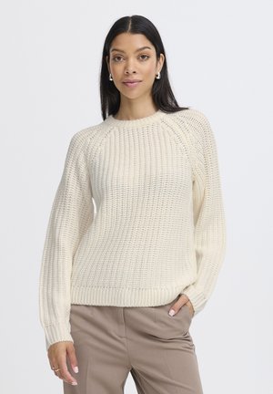 Cremfarbener gestrickter Pullover mit strukturiertem Muster, gerippten Bündchen und Saum. Verfügt über einen runden Ausschnitt und einen leicht lockeren Schnitt.