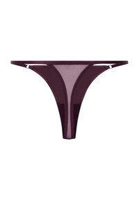 String en maille bourgogne avec de fines bretelles latérales, présentant une texture lisse et un design minimaliste. Dos ouvert avec des bords élastiques fins.