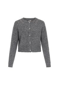 Šedý pletený cardigan s dlouhými rukávy, kulatým výstřihem, ozdobnými korálky na horní části hrudi a knoflíky ve tvaru květin po celé délce.