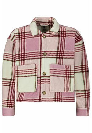 Kurtka w kratę w kolorach różowym, kremowym i bordowym. Wykonana z miękkiego materiału, z dwoma przednimi kieszeniami, kołnierzykiem i zapięciem na guziki.