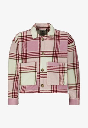 Kariertes Jackett in Rosa, Creme und Burgund. Hergestellt aus weichem Stoff, mit zwei Fronttaschen, einem Kragen und Knopfleiste.
