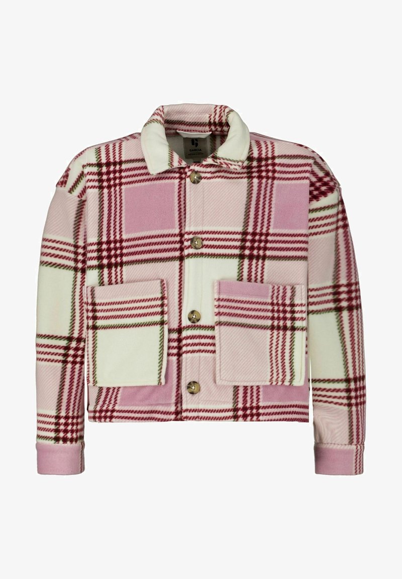 Veste à carreaux en rose, crème et bordeaux. Fabriquée en tissu doux, avec deux poches avant, un col et une fermeture à boutons.