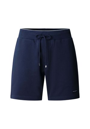 Navyblauwe casual korte broek met elastische tailleband en trekkoord, voorzien van een klein logoplaatje nabij de zoom van het rechterbeen.