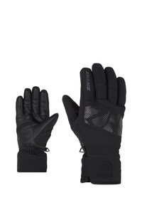 Gants noirs avec une paume en cuir texturé, un dos en tissu à motifs, des poignets élastiques et un logo sur le côté. Convient pour les temps froids.