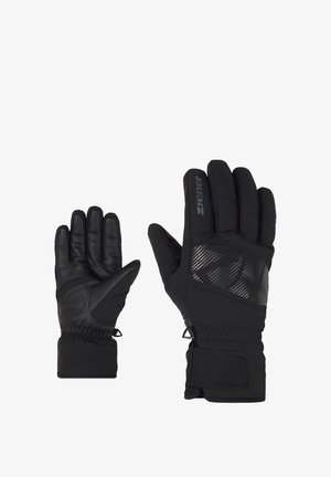 Gants noirs avec une paume en cuir texturé, un dos en tissu à motifs, des poignets élastiques et un logo sur le côté. Convient pour les temps froids.
