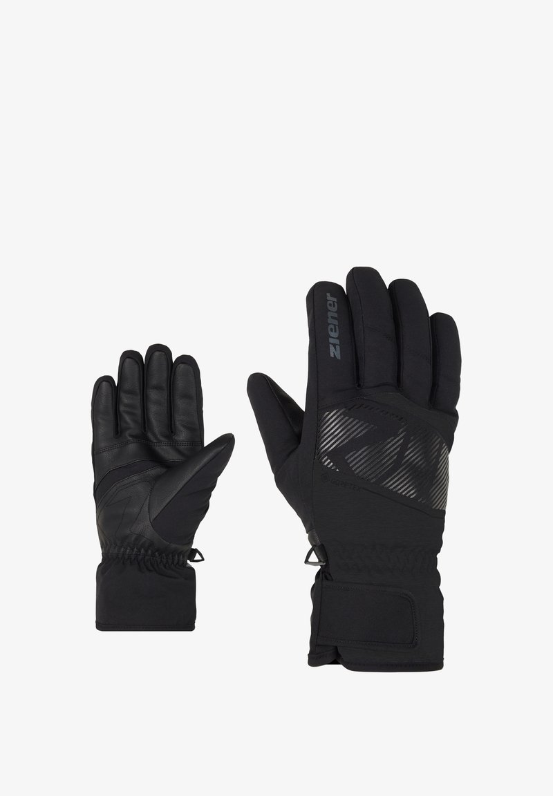 Gants noirs avec une paume en cuir texturé, un dos en tissu à motifs, des poignets élastiques et un logo sur le côté. Convient pour les temps froids.
