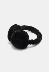 Cuffie in pelliccia nera con coprigambe rotondi in peluche e una fascia per capelli abbinata e testurizzata. Materiale morbido per mantenere calore nelle giornate fredde.