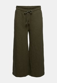 Pantaloni a gamba larga verde oliva con vita regolabile, realizzati in un tessuto morbido. Presentano una vestibilità comoda e una sottile texture uniforme.