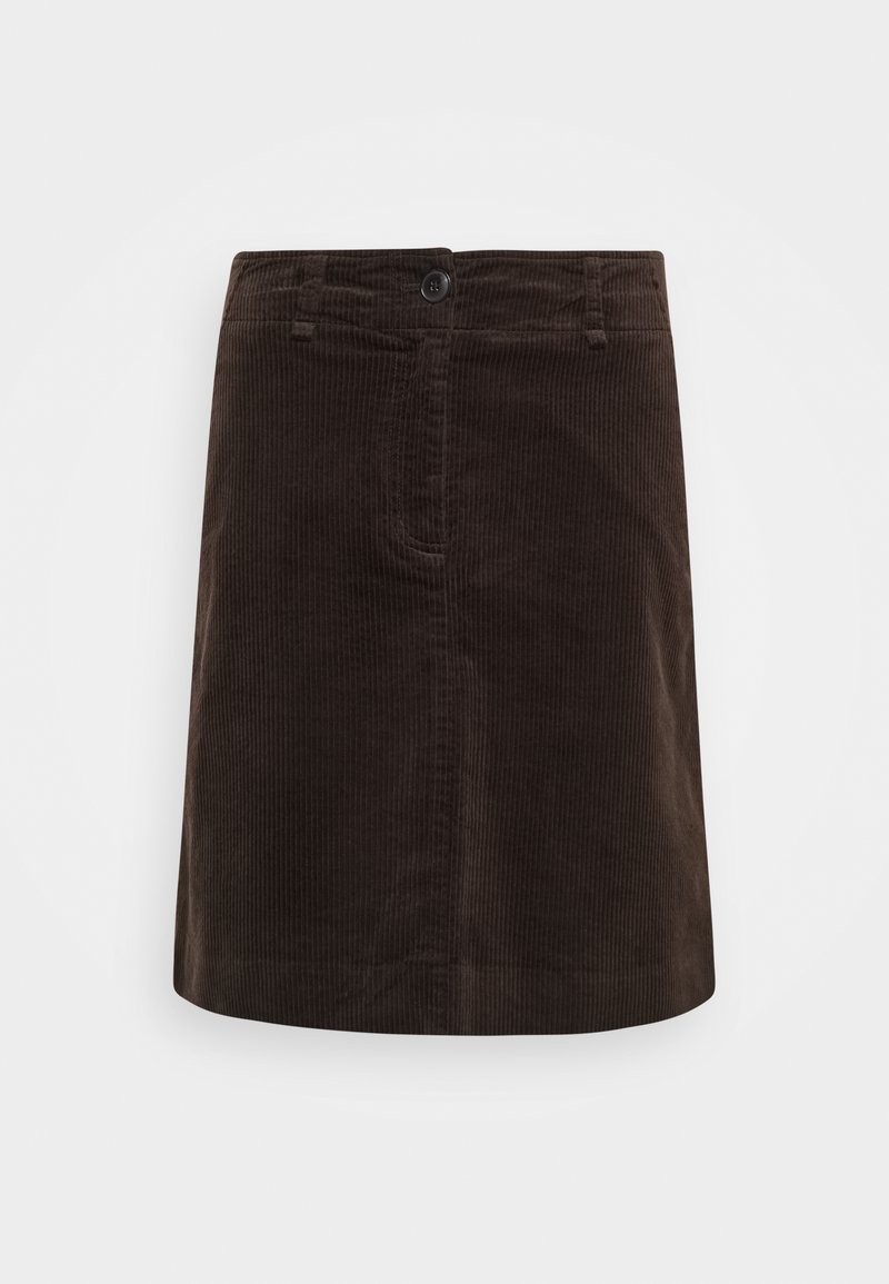 Gonna in corduroy marrone scuro, con coste verticali, chiusura frontale a bottoni e due tasche. Taglio dritto con un orlo leggermente svasato.