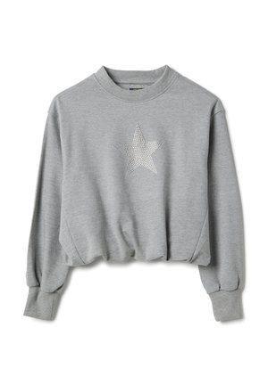 Hellgraues Sweatshirt mit langen Ärmeln, geripptem Rundhalsausschnitt und Bündchen sowie einem silbernen, mit Nieten besetzten Stern-Design, das zentriert auf der Vorderseite angebracht ist.
