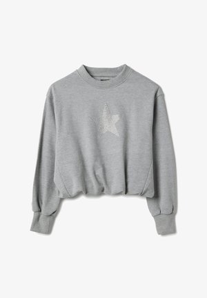 Felpa a maniche lunghe grigio chiaro con collo girocollo a coste, polsini a coste e un design centrale a stella con borchie argentate sul davanti.