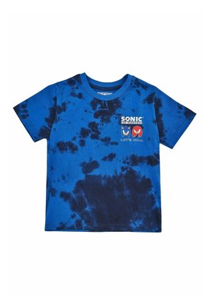 Blåt og sort tie-dye kortærmet skjorte med Sonic the Hedgehog og Knuckles ansigter og tekst "SONIC THE HEDGEHOG LET'S ROLL" foran.