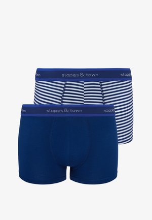 Boxer-briefs en coton aux designs bleu marine et rayés, avec une taille douce portant le nom de la marque "slopes & town." Texture lisse, ajustement confortable.