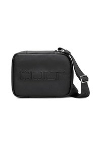 Borsa a tracolla in pelle nera con logo "CULT" in rilievo, forma rettangolare, chiusura con zip e tracolla regolabile. Texture liscia e design elegante.