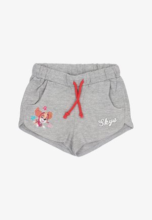Graue Baumwollshorts mit elastischem Bund, rotem Kordelzug, Taschen und einem aufgedruckten Motiv mit einem Hund und Pfotenabdrücken.