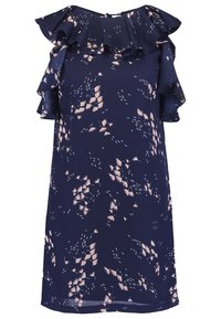 Marinblå klänning med volangärmar, prydd med ett blommönster i mjuka rosa nyanser, tillverkad av lätt tyg med en avslappnad passform.