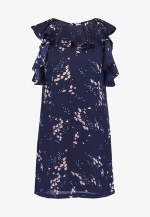 Vestito blu navy con maniche a volant, caratterizzato da un motivo floreale in tonalità di rosa tenue, realizzato in tessuto leggero con una vestibilità comoda.