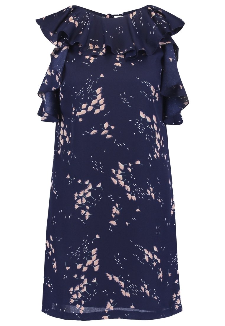 Marinblå klänning med volangärmar, prydd med ett blommönster i mjuka rosa nyanser, tillverkad av lätt tyg med en avslappnad passform.