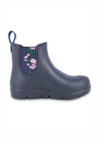 Navy Gummistiefel in Knöchelhöhe mit einem blumenbedruckten Stoffeinsatz, elastischen Seiten, strukturierten Sohlen und einer Zuglasche für leichtes Anziehen.