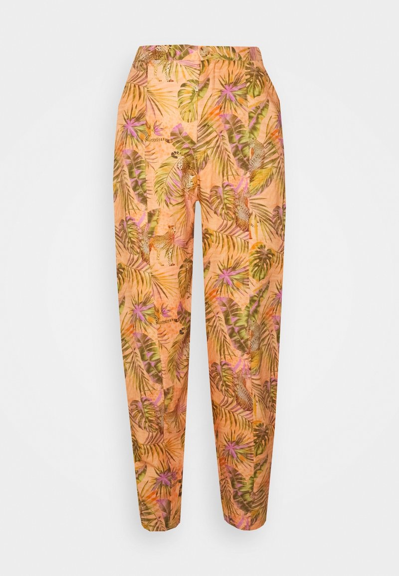 Pantalon taille haute fuselé avec base orange, feuilles de palmier vertes, fleurs violettes et motif léopard.