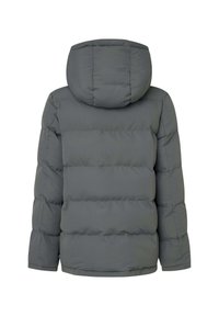 Puffy bunda v tmavě šedé barvě, vybavená kapucí, prošívaným designem a elastickými manžetami. Měkký materiál s jednoduchým a funkčním siluetou.