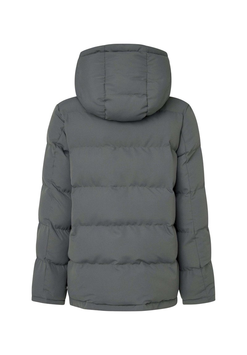 Giacca a vento color grigio scuro, dotata di cappuccio, design trapuntato e polsini elasticizzati. Texture morbida con una silhouette semplice e funzionale.