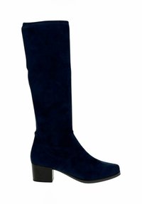 Bota de ante azul marino hasta la rodilla con punta cuadrada y tacón bloque. Textura suave con detalles de costura a lo largo de los lados.