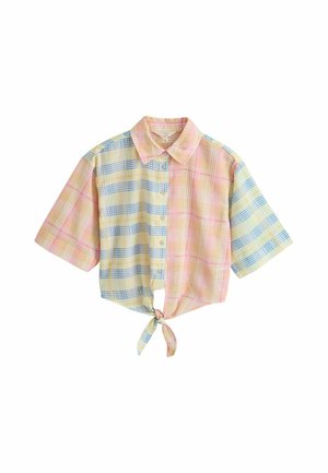 Chemise à manches courtes boutonnée avec motif à carreaux pastel rose, jaune et bleu et nœud à l'avant.