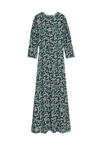 Abito maxi floreale con maniche lunghe, sfondo blu navy e motivo di fiori rosa, bianchi e verdi; include un dettaglio con corpetto arricciato.